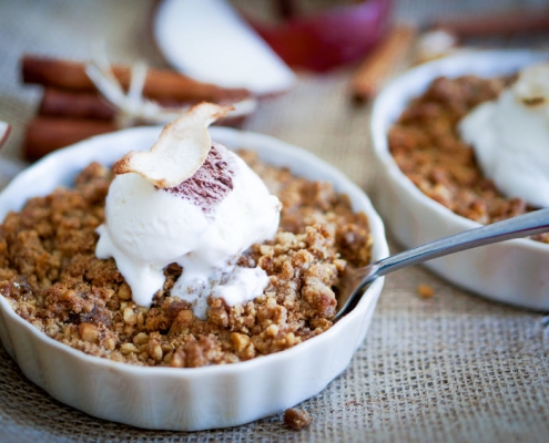 Apple crumble dessert with cinnamon and vanilla ice - Newmarket Food Pantry