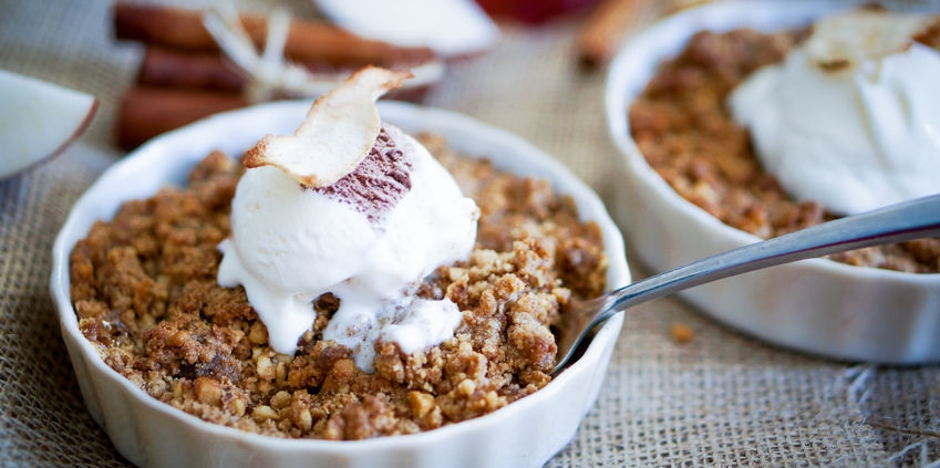 Apple crumble dessert with cinnamon and vanilla ice - Newmarket Food Pantry